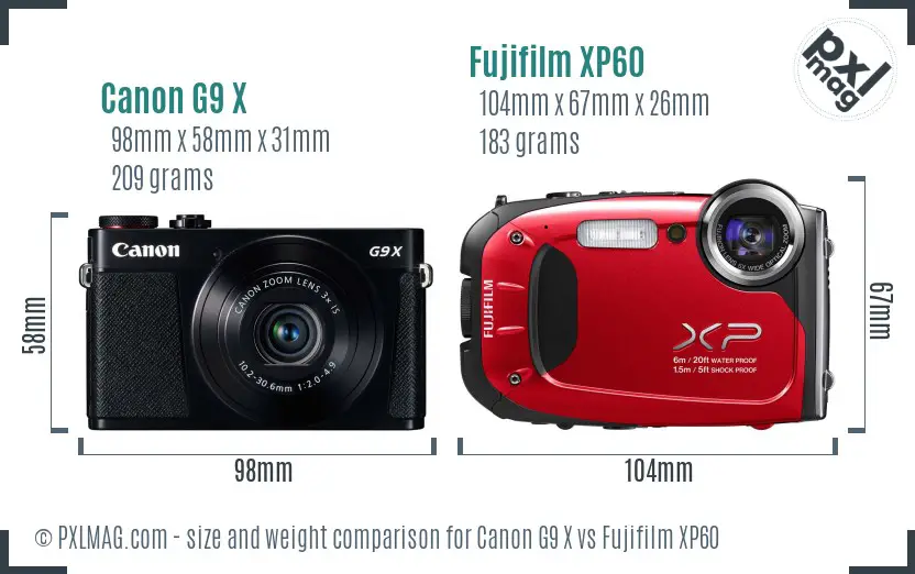 Canon G9 X vs Fujifilm XP60 size comparison