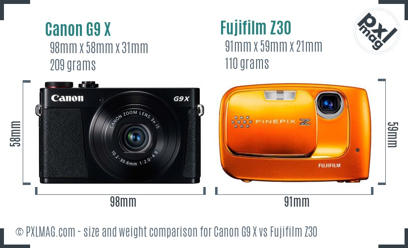 Canon G9 X vs Fujifilm Z30 size comparison