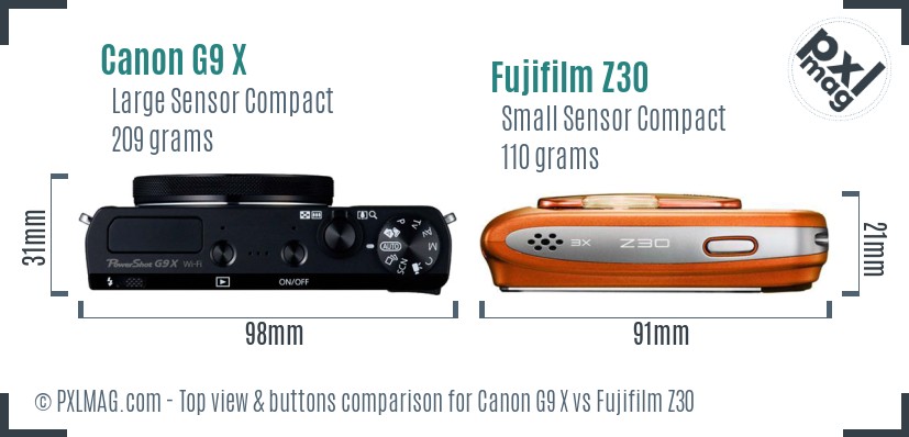 Canon G9 X vs Fujifilm Z30 top view buttons comparison