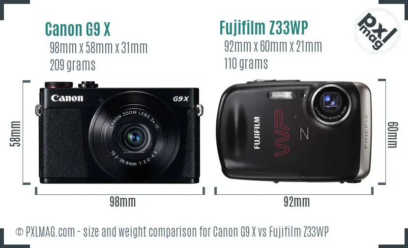 Canon G9 X vs Fujifilm Z33WP size comparison Canon G9 X vs Fujifilm Z33WP size comparison