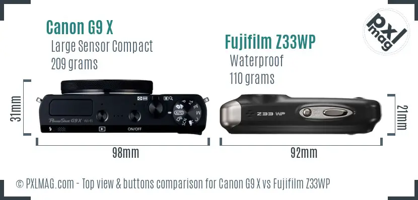 Canon G9 X vs Fujifilm Z33WP top view buttons comparison Canon G9 X vs Fujifilm Z33WP top view buttons comparison