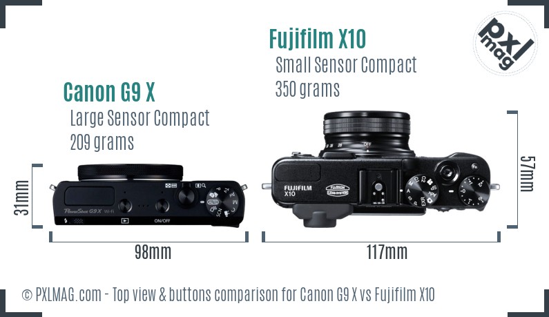 Canon G9 X vs Fujifilm X10 top view buttons comparison