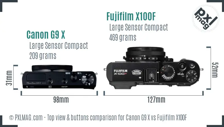 Canon G9 X vs Fujifilm X100F top view buttons comparison