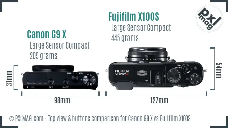 Canon G9 X vs Fujifilm X100S top view buttons comparison