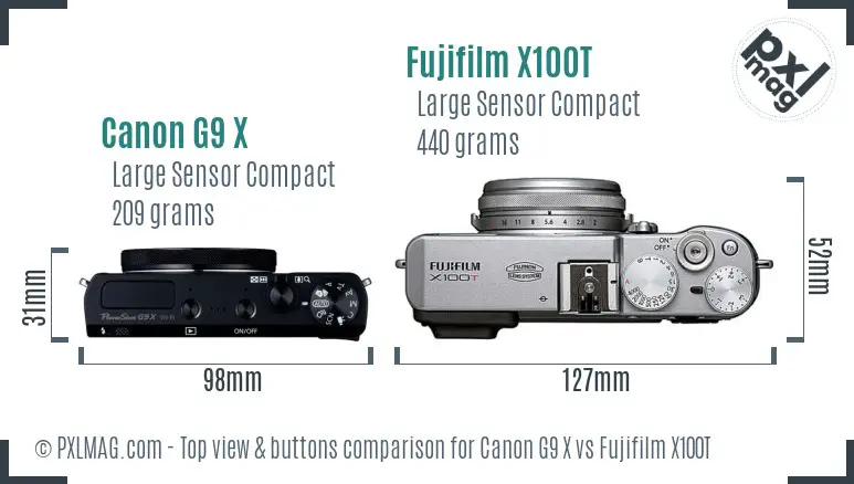 Canon G9 X vs Fujifilm X100T top view buttons comparison