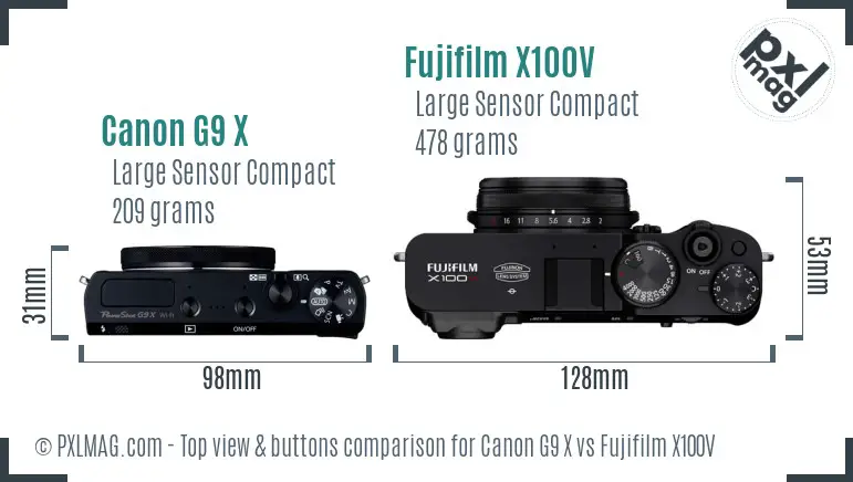Canon G9 X vs Fujifilm X100V top view buttons comparison