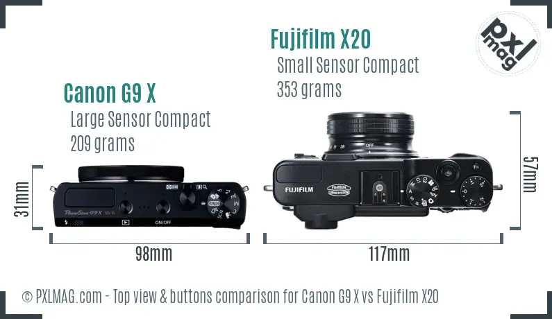Canon G9 X vs Fujifilm X20 top view buttons comparison