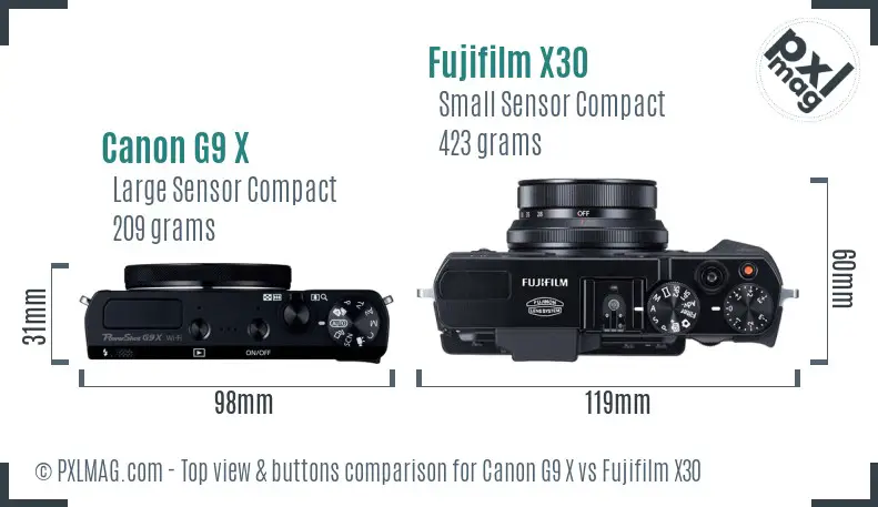 Canon G9 X vs Fujifilm X30 top view buttons comparison Canon G9 X vs Fujifilm X30 top view buttons comparison