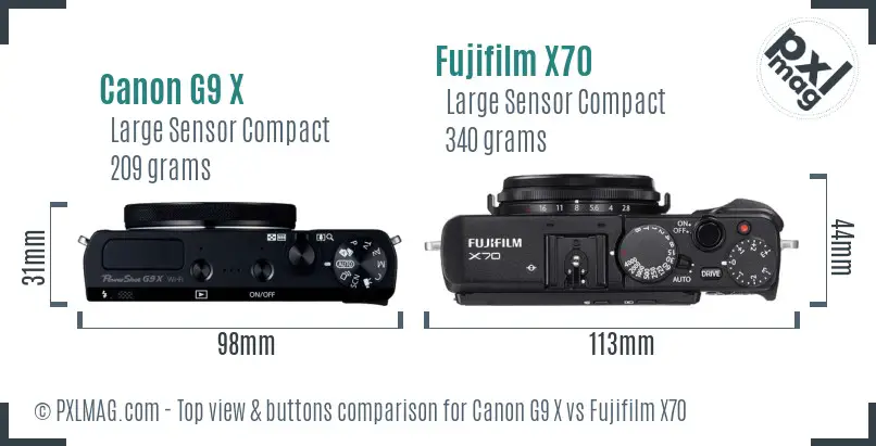 Canon G9 X vs Fujifilm X70 top view buttons comparison