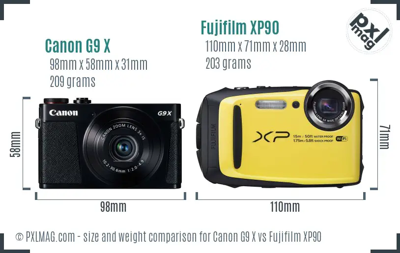 Canon G9 X vs Fujifilm XP90 size comparison Canon G9 X vs Fujifilm XP90 size comparison
