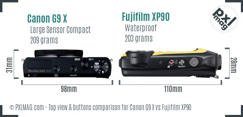 Canon G9 X vs Fujifilm XP90 top view buttons comparison Canon G9 X vs Fujifilm XP90 top view buttons comparison