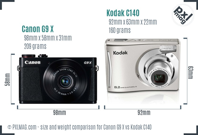 Canon G9 X vs Kodak C140 size comparison