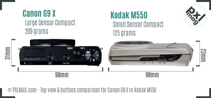 Canon G9 X vs Kodak M550 top view buttons comparison