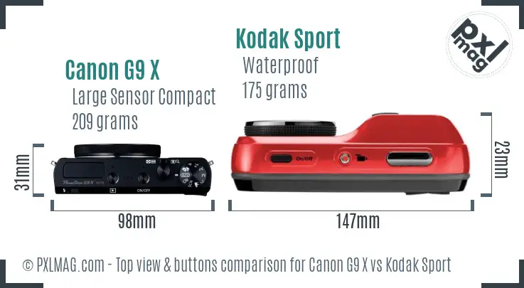 Canon G9 X vs Kodak Sport top view buttons comparison