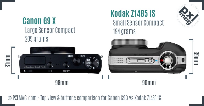 Canon G9 X vs Kodak Z1485 IS top view buttons comparison