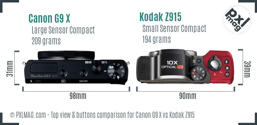 Canon G9 X vs Kodak Z915 top view buttons comparison