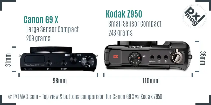 Canon G9 X vs Kodak Z950 top view buttons comparison