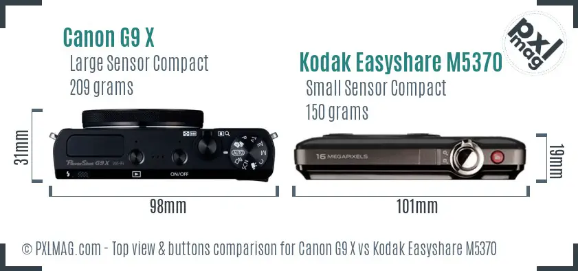 Canon G9 X vs Kodak Easyshare M5370 top view buttons comparison