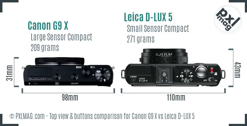 Canon G9 X vs Leica D-LUX 5 top view buttons comparison