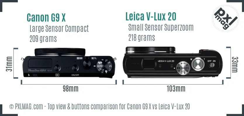 Canon G9 X vs Leica V-Lux 20 top view buttons comparison Canon G9 X vs Leica V-Lux 20 top view buttons comparison