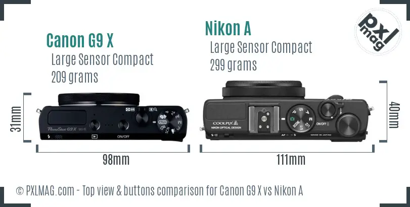 Canon G9 X vs Nikon A top view buttons comparison