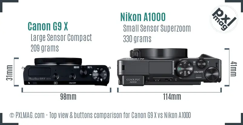 Canon G9 X vs Nikon A1000 top view buttons comparison