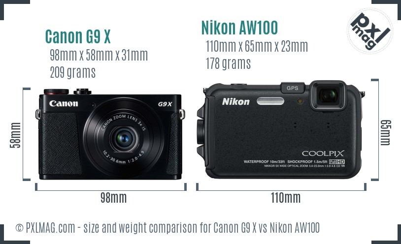 Canon G9 X vs Nikon AW100 size comparison