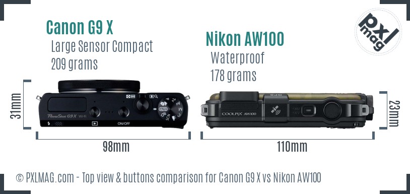 Canon G9 X vs Nikon AW100 top view buttons comparison