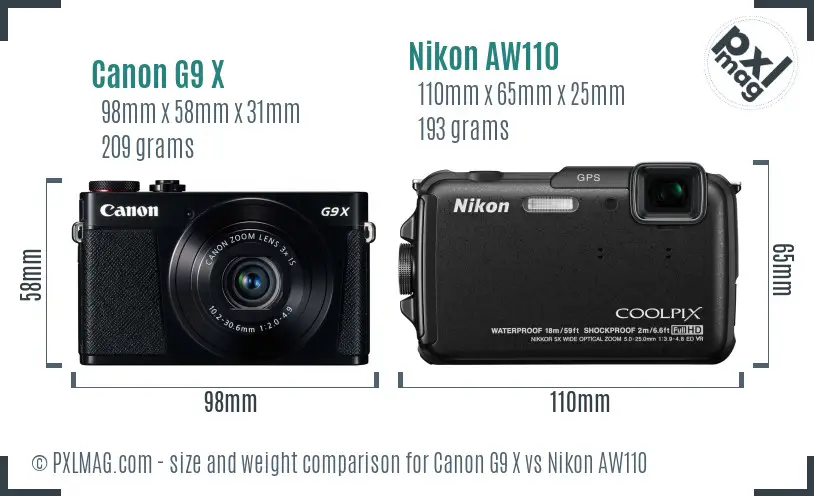 Canon G9 X vs Nikon AW110 size comparison