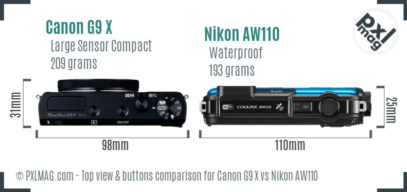 Canon G9 X vs Nikon AW110 top view buttons comparison