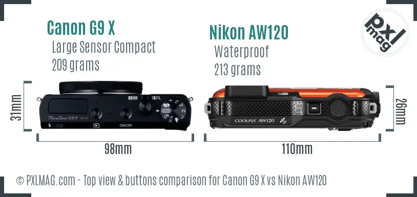 Canon G9 X vs Nikon AW120 top view buttons comparison