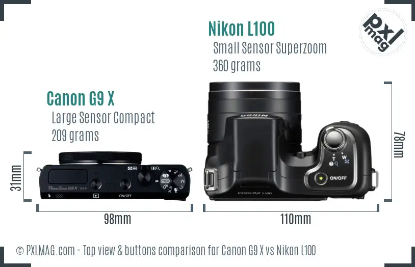 Canon G9 X vs Nikon L100 top view buttons comparison