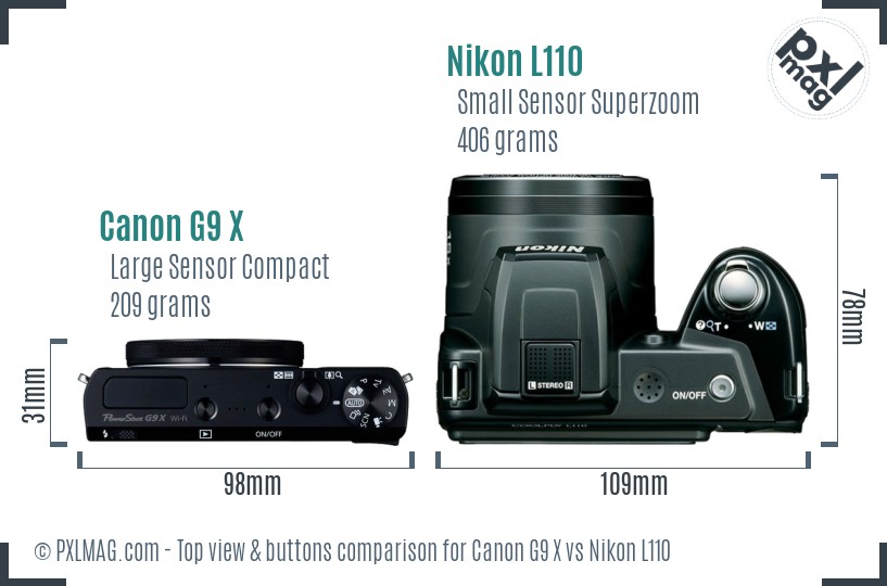 Canon G9 X vs Nikon L110 top view buttons comparison