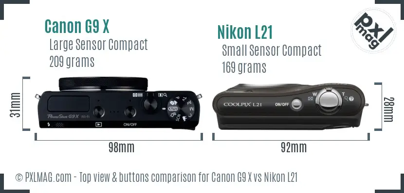 Canon G9 X vs Nikon L21 top view buttons comparison Canon G9 X vs Nikon L21 top view buttons comparison
