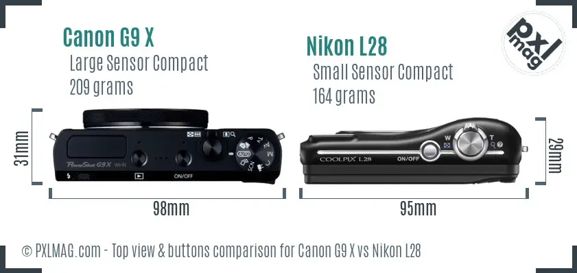 Canon G9 X vs Nikon L28 top view buttons comparison Canon G9 X vs Nikon L28 top view buttons comparison