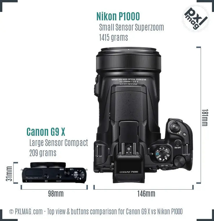 Canon G9 X vs Nikon P1000 top view buttons comparison