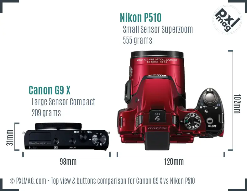 Canon G9 X vs Nikon P510 top view buttons comparison