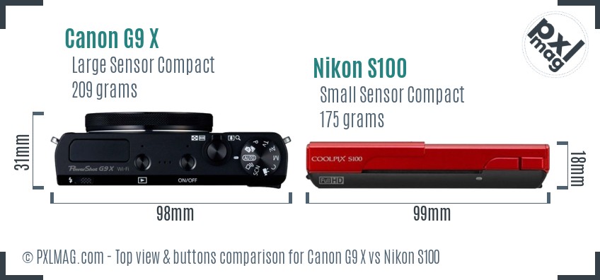 Canon G9 X vs Nikon S100 top view buttons comparison