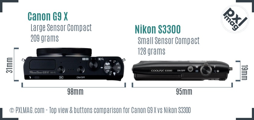 Canon G9 X vs Nikon S3300 top view buttons comparison