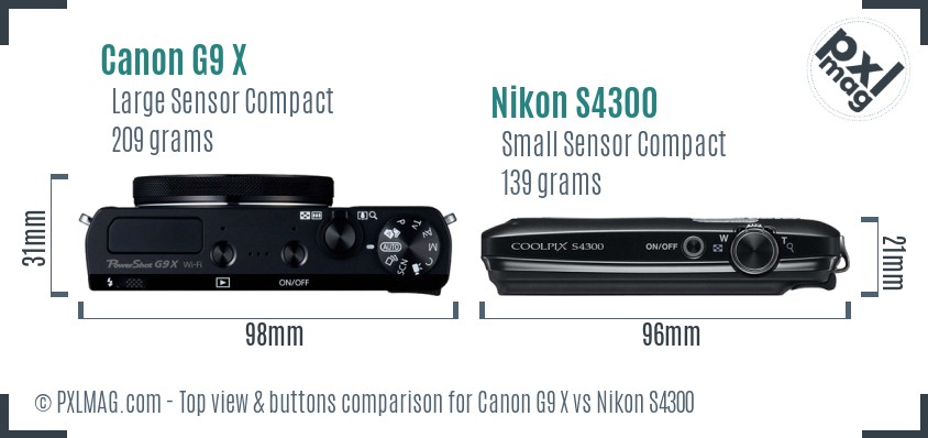 Canon G9 X vs Nikon S4300 top view buttons comparison
