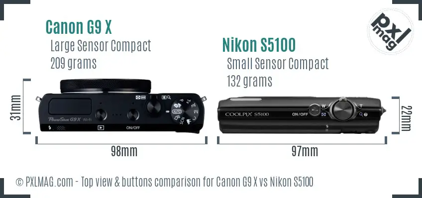 Canon G9 X vs Nikon S5100 top view buttons comparison Canon G9 X vs Nikon S5100 top view buttons comparison