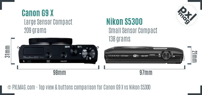 Canon G9 X vs Nikon S5300 top view buttons comparison