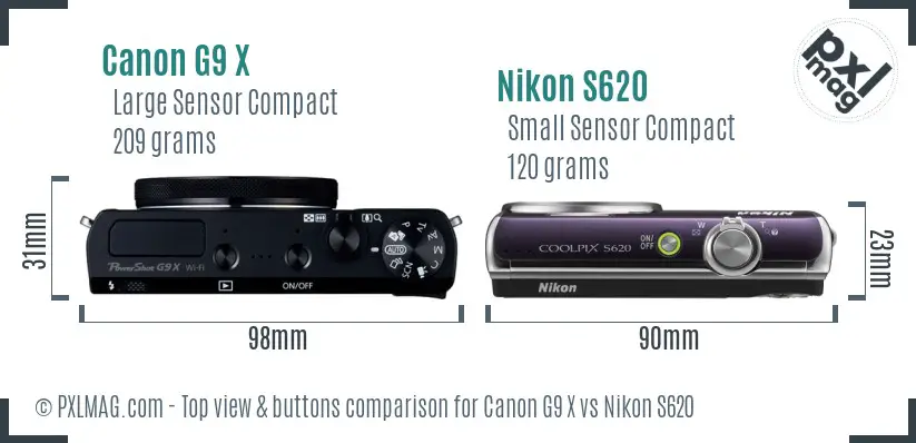 Canon G9 X vs Nikon S620 top view buttons comparison Canon G9 X vs Nikon S620 top view buttons comparison