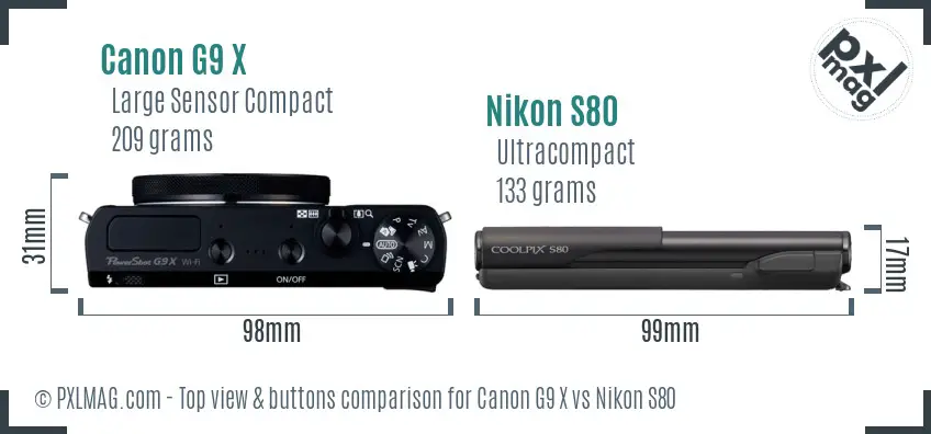 Canon G9 X vs Nikon S80 top view buttons comparison