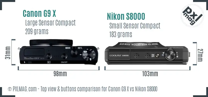 Canon G9 X vs Nikon S8000 top view buttons comparison Canon G9 X vs Nikon S8000 top view buttons comparison