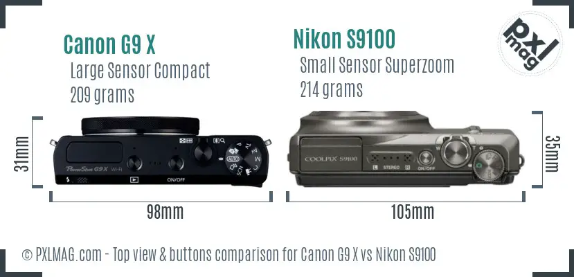 Canon G9 X vs Nikon S9100 top view buttons comparison