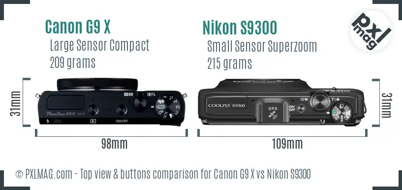 Canon G9 X vs Nikon S9300 top view buttons comparison