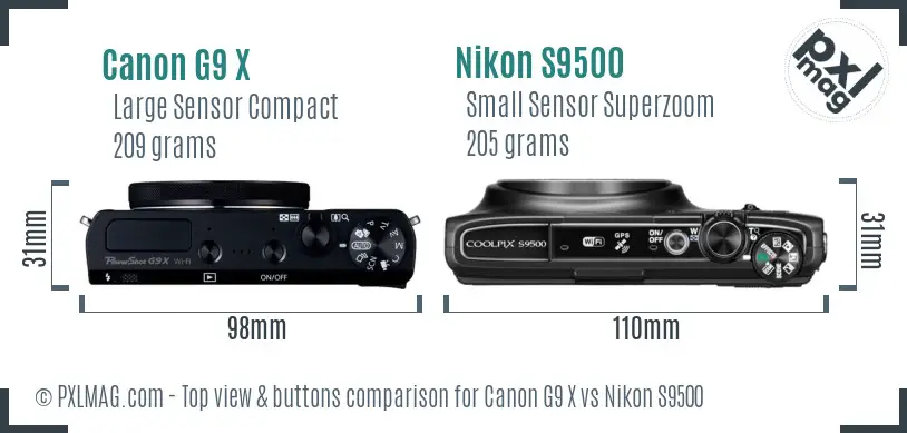 Canon G9 X vs Nikon S9500 top view buttons comparison