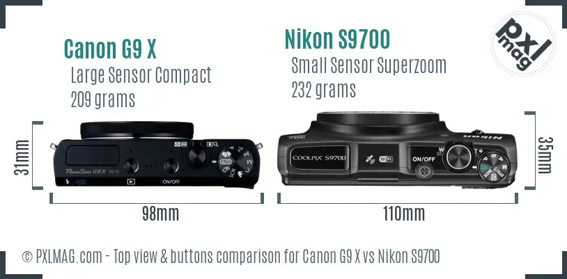 Canon G9 X vs Nikon S9700 top view buttons comparison