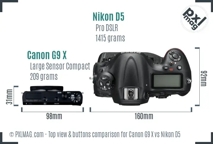 Canon G9 X vs Nikon D5 top view buttons comparison